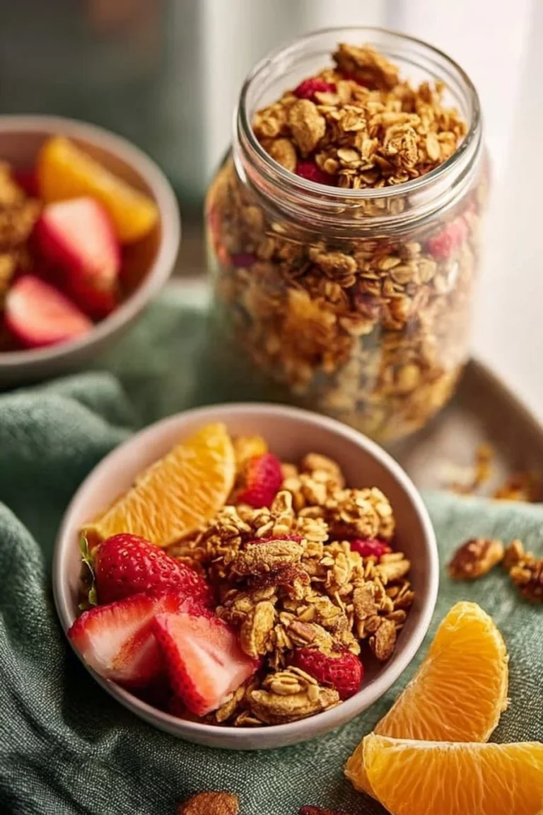 Bowl of high protein granola filled with nuts and fruits