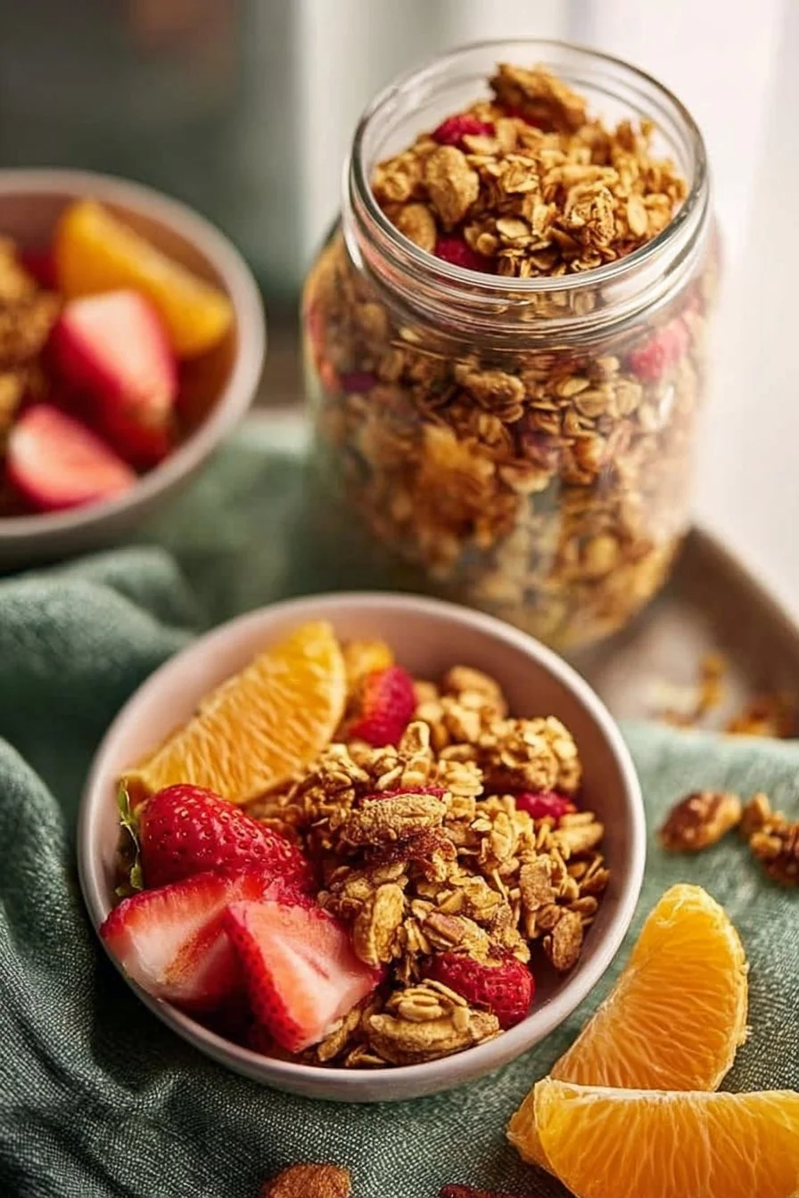 Bowl of high protein granola filled with nuts and fruits