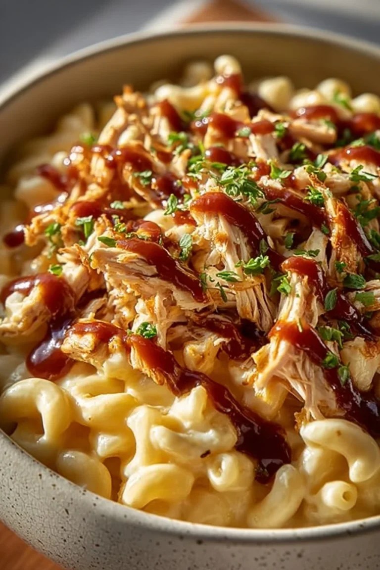 High Protein Honey BBQ Chicken Mac and Cheese dish with melted cheese and BBQ sauce