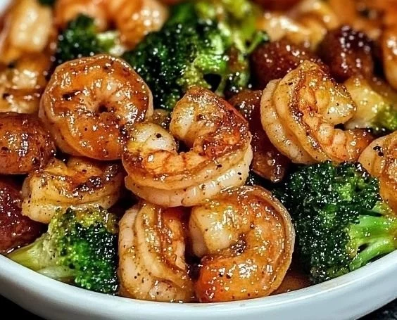 Plate of high-protein honey garlic shrimp served with vegetables and rice