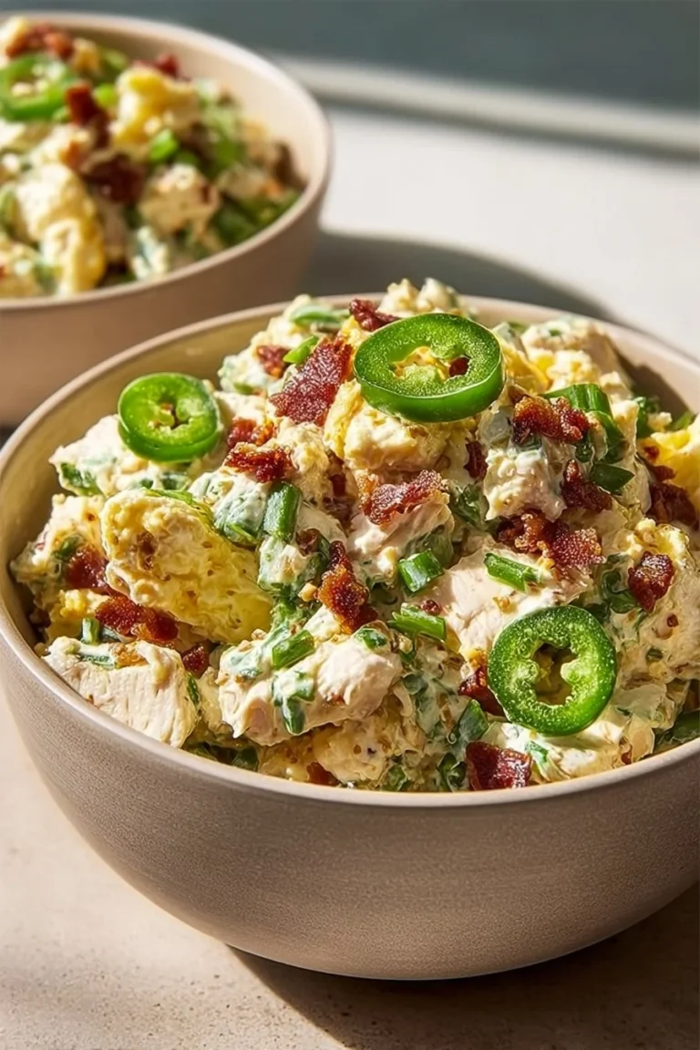 Delicious high protein Jalapeno Popper Chicken Salad with bacon, cheese, and jalapeños
