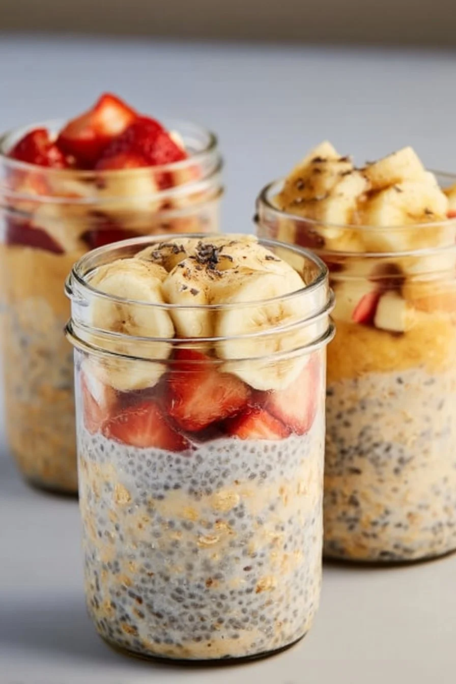 Bowl of high-protein overnight oats topped with fruits and nuts