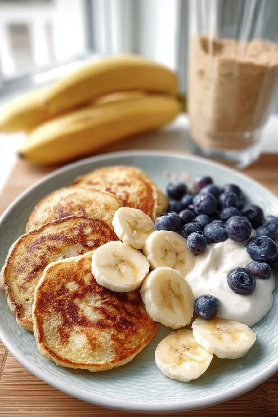 Stack of delicious high protein pancakes topped with fresh berries and syrup.