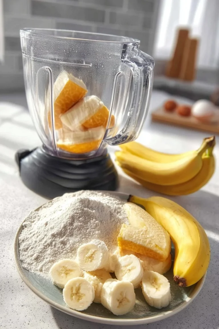 Stack of high protein pancakes drizzled with syrup and topped with berries