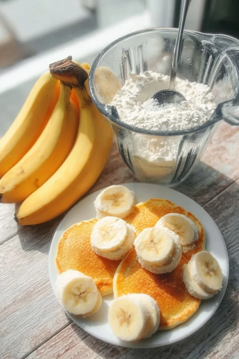 Delicious high protein pancakes served with fresh fruit and syrup