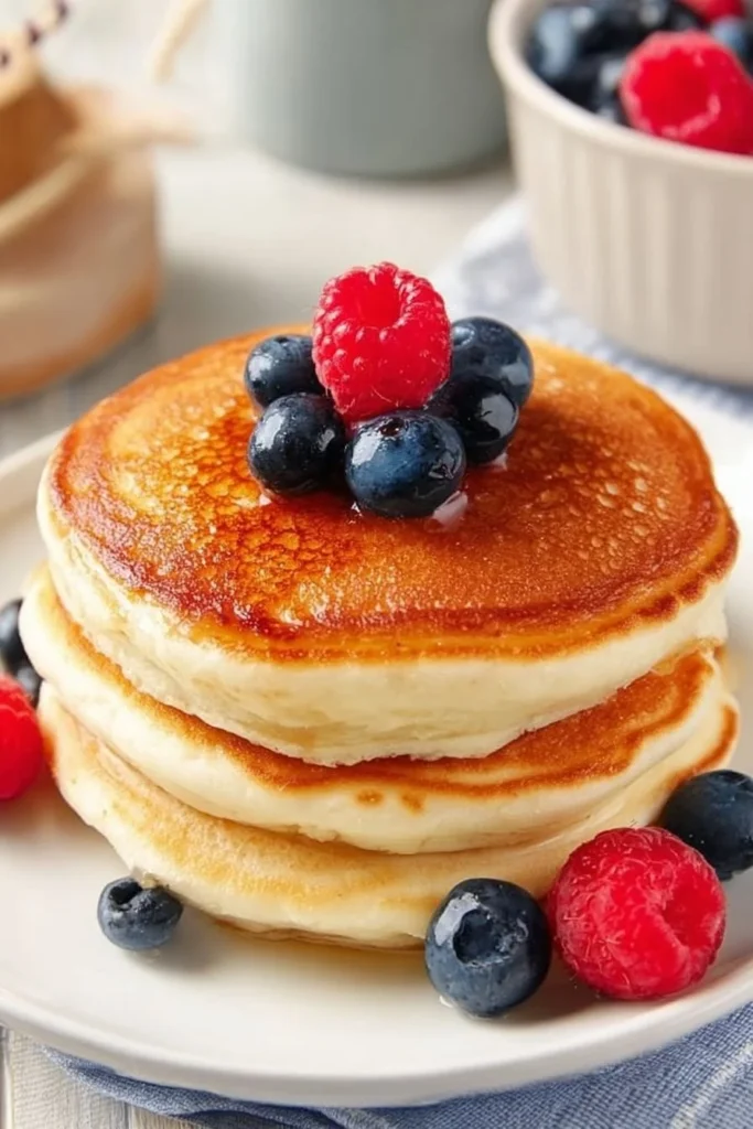 Stack of high protein pancakes topped with fresh berries and syrup
