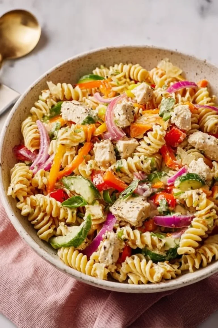 High protein pasta salad with vegetables and dressing