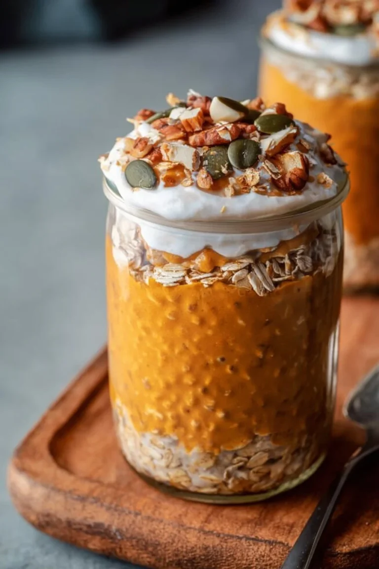 High protein pumpkin overnight oats in a jar with toppings