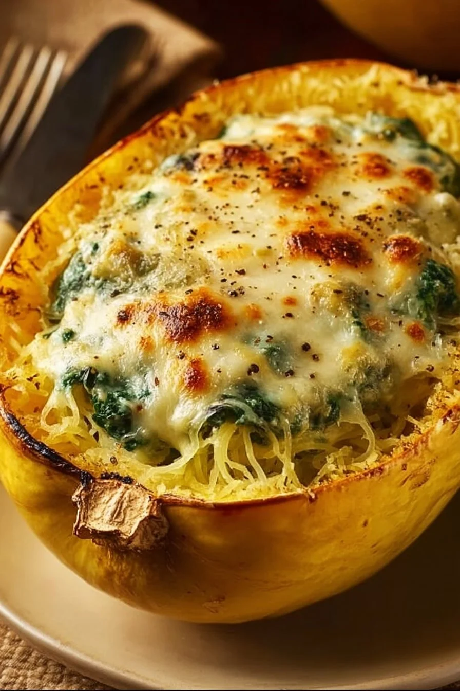 High protein spinach and artichoke stuffed spaghetti squash on a plate