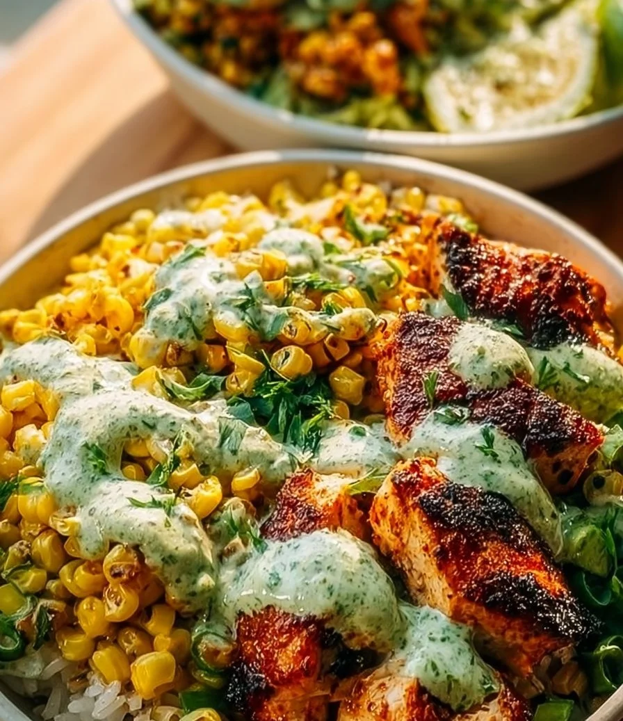 High-protein Street Corn Chicken Bowls with vibrant toppings and fresh ingredients