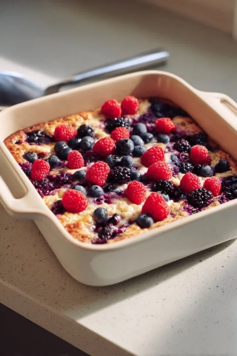 High Protein Triple Berry Bake with fresh berries and healthy ingredients
