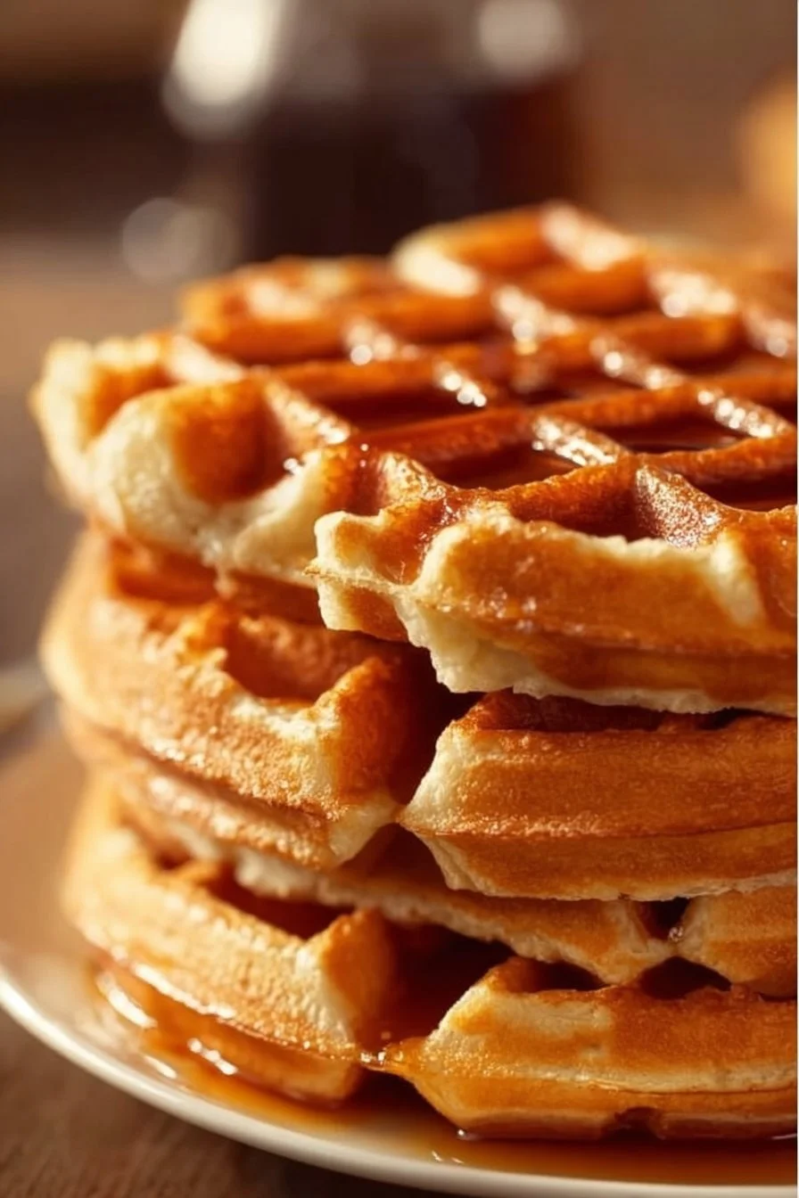 A stack of high protein waffles topped with fresh fruit and syrup
