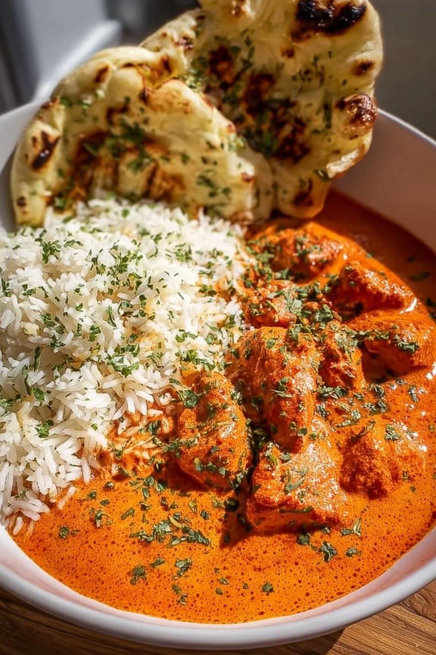Delicious homemade butter chicken served with rice