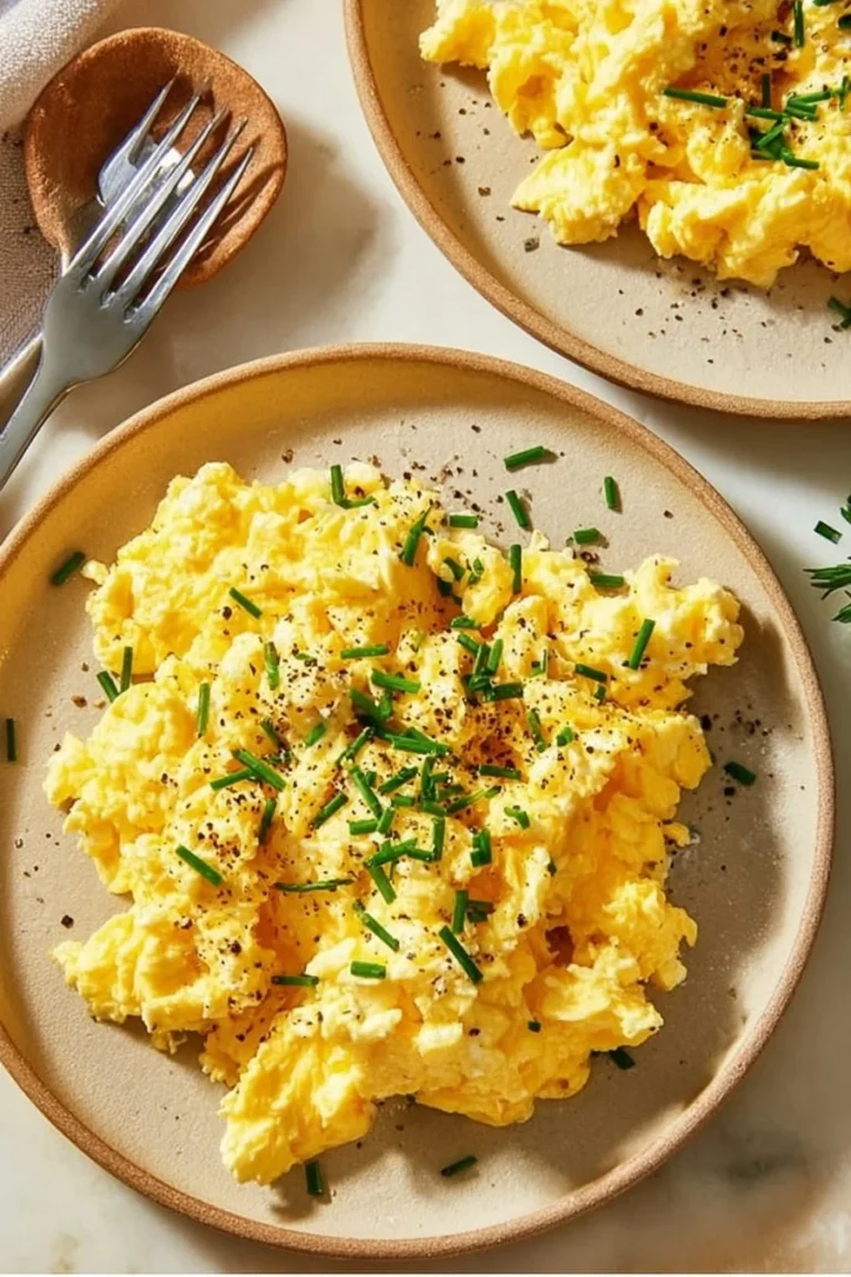 Bowl of homemade cottage cheese scrambled eggs garnished with herbs