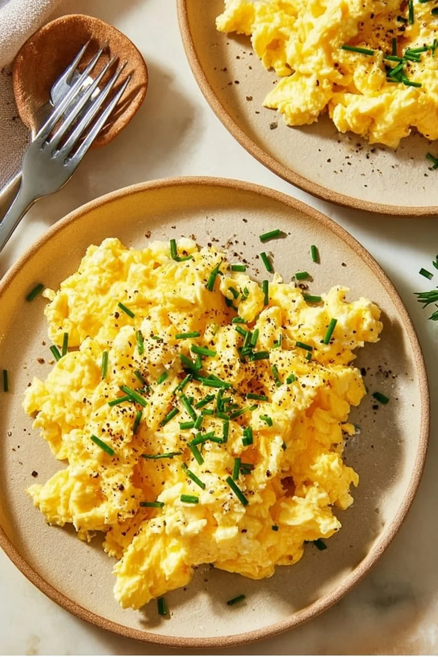 Bowl of homemade cottage cheese scrambled eggs garnished with herbs