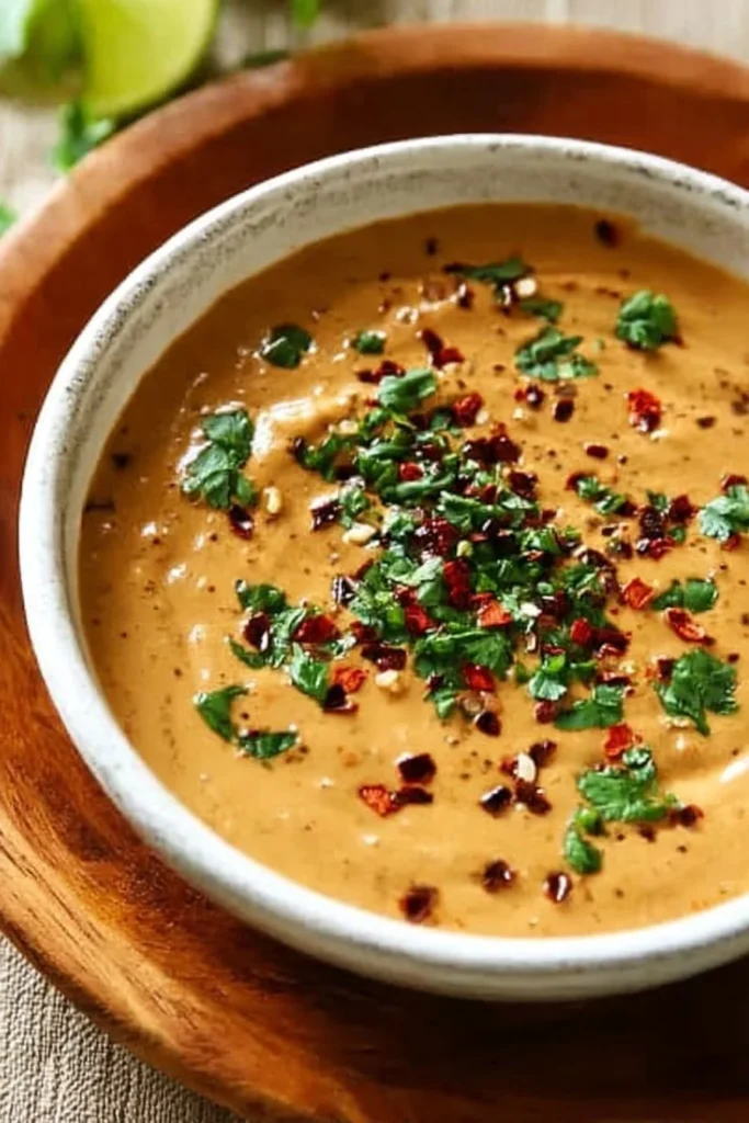 Bowl of homemade Keto Peanut Sauce with peanuts and herbs
