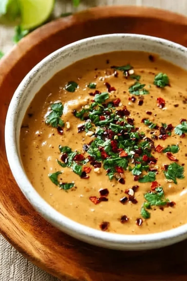 Bowl of homemade Keto Peanut Sauce with peanuts and herbs