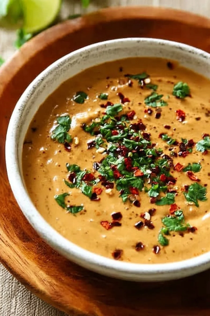 Bowl of homemade Keto Peanut Sauce with peanuts and herbs