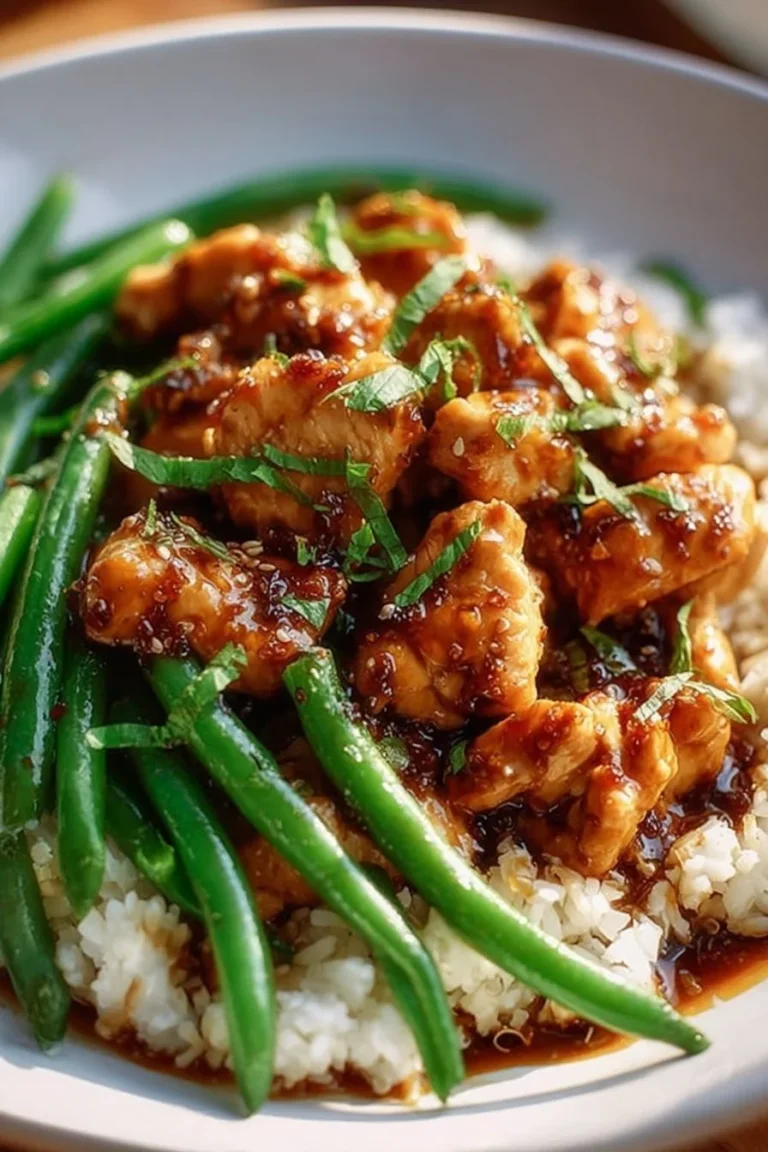 Delicious Honey Garlic Chicken served with fresh green beans