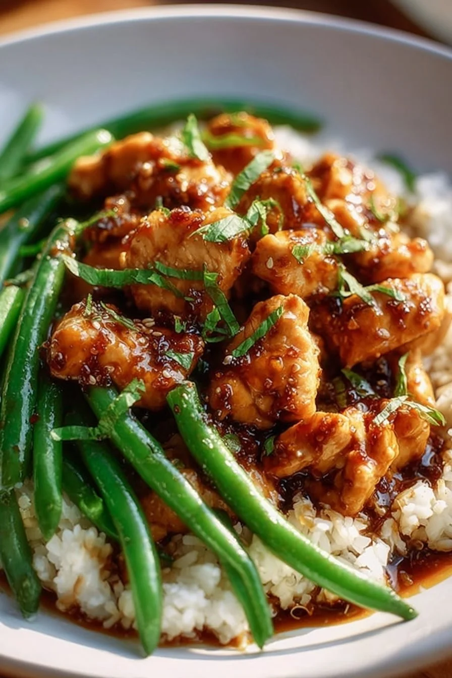 Delicious Honey Garlic Chicken served with fresh green beans