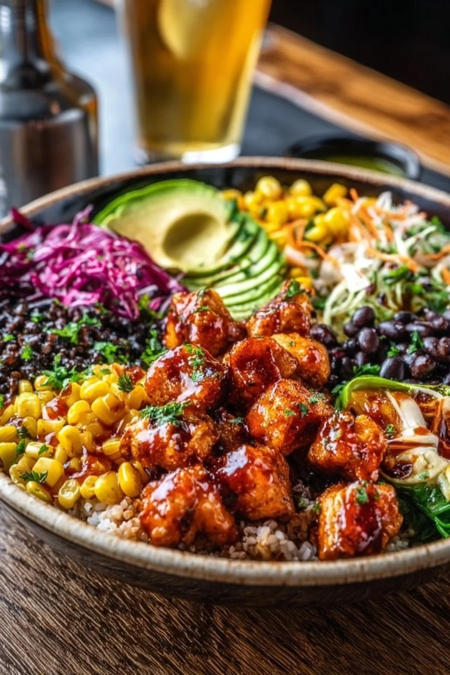Close-up of a Hot Honey Chicken Power Bowl topped with fresh vegetables and honey drizzle.