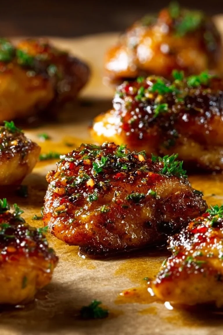 Plate of hot honey garlic chicken thighs garnished with herbs