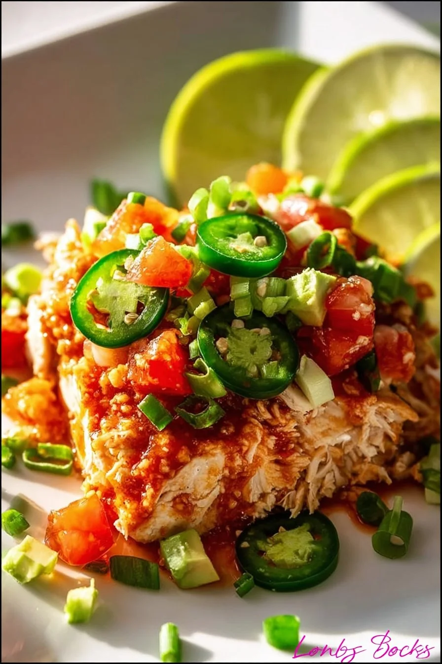 Delicious Instant Pot salsa chicken served with rice and fresh cilantro