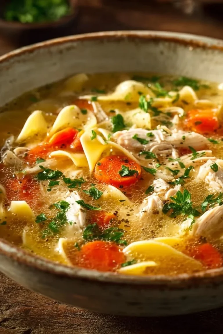 Bowl of Italian chicken noodle soup with herbs and vegetables