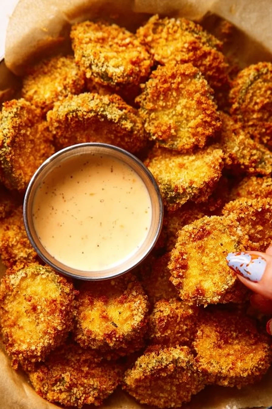 Keto Air Fryer Fried Pickles served with dipping sauce
