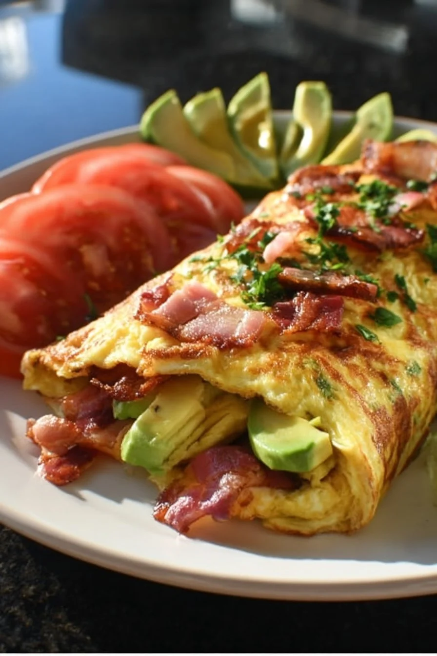 Keto avocado and bacon stuffed omelette served on a plate