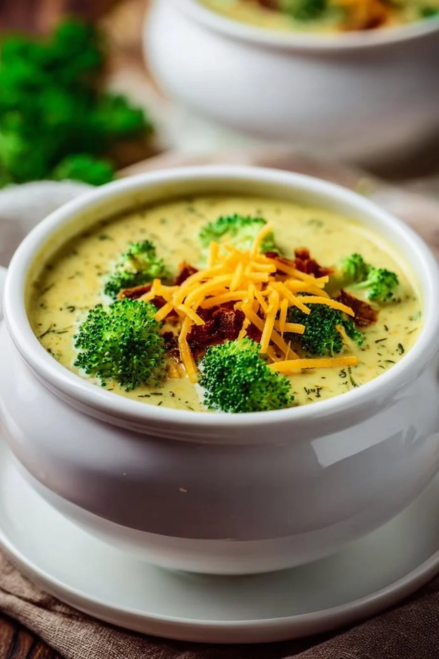 Bowl of creamy Keto Broccoli Cheese Soup topped with shredded cheese