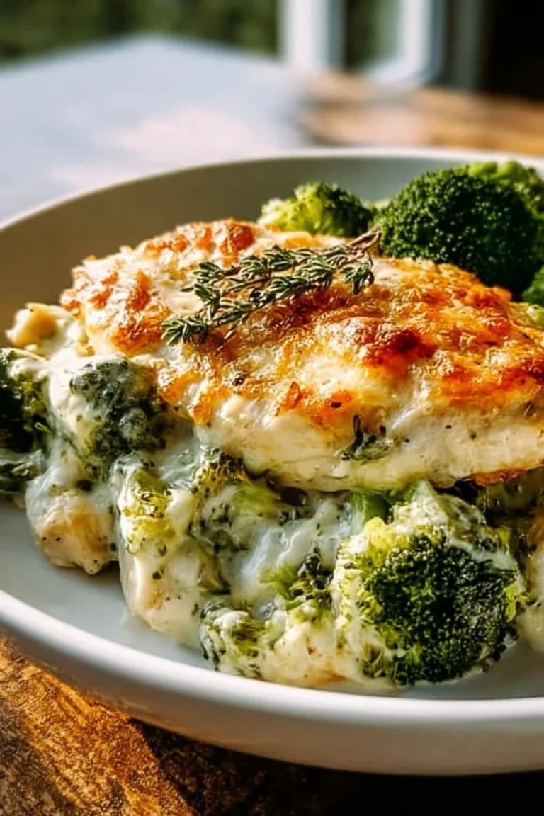 Keto Chicken Alfredo Broccoli Bake loaded with creamy sauce and veggies
