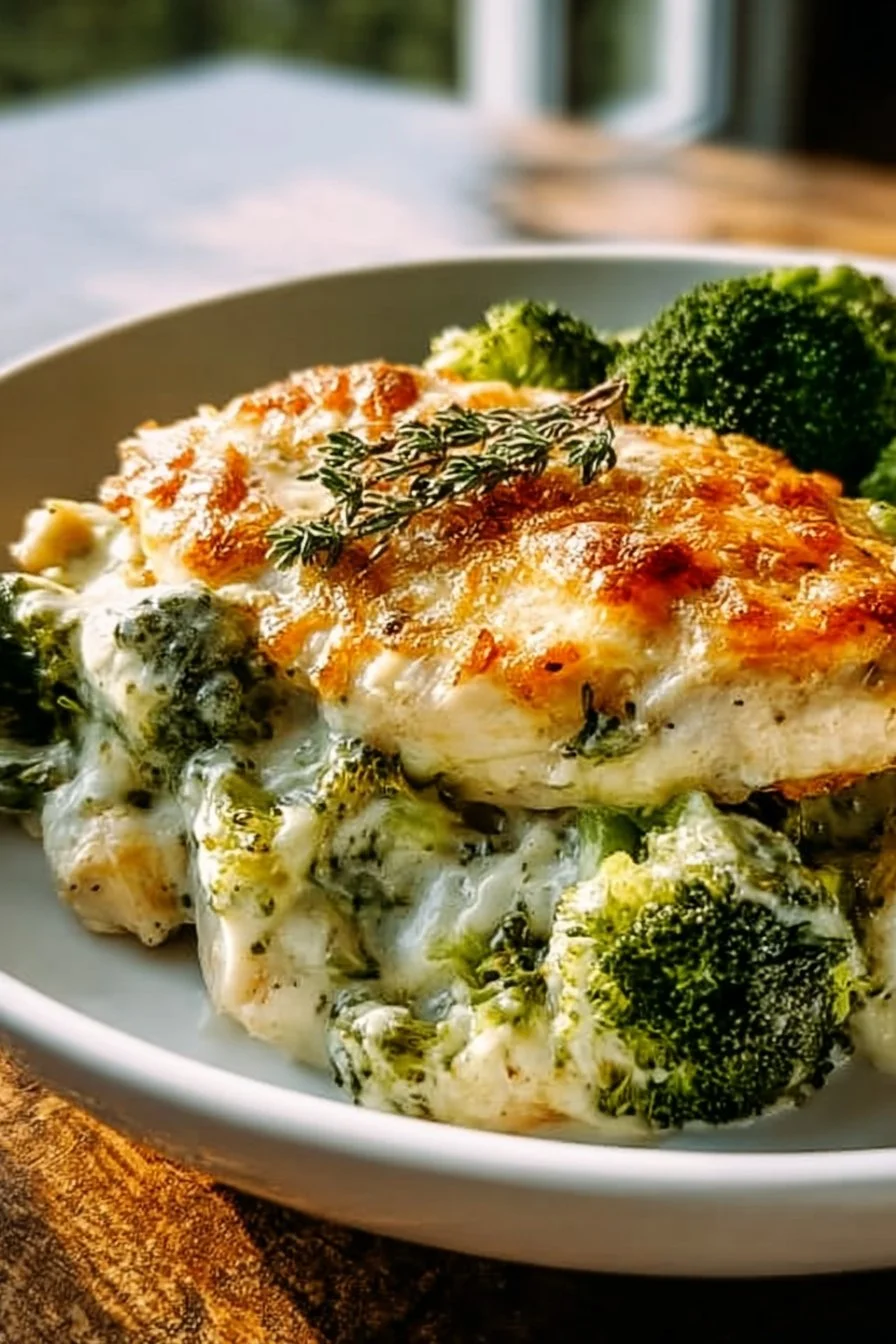 Keto Chicken Alfredo Broccoli Bake loaded with creamy sauce and veggies