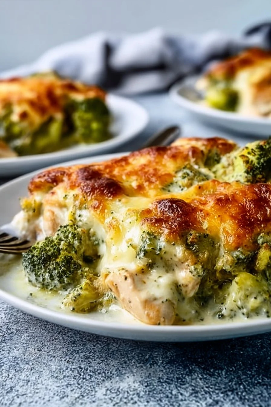 Keto Chicken Alfredo Broccoli Bake dish topped with cheese and herbs