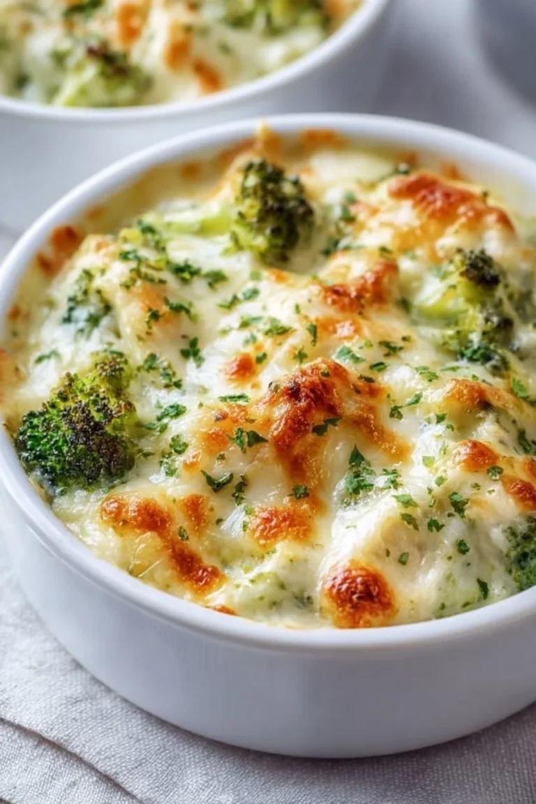 Keto Chicken Alfredo Broccoli Bake topped with cheese and fresh broccoli