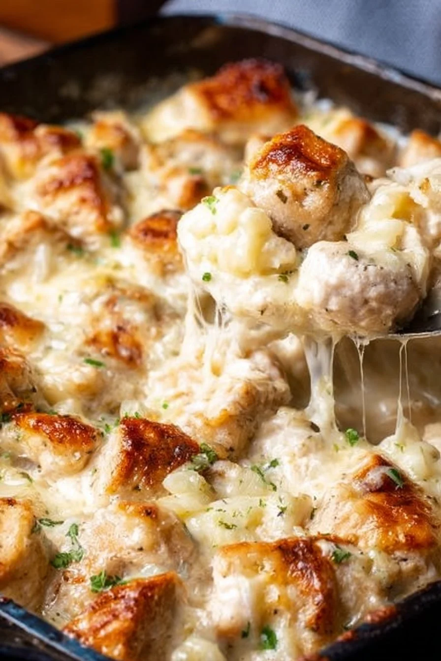 Keto Chicken Alfredo Casserole topped with cheese and herbs in a baking dish