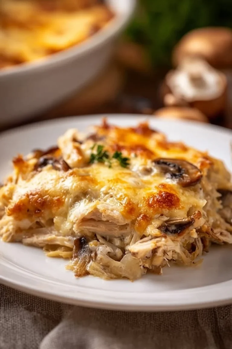 Keto Chicken Mushroom Casserole dish topped with cheese and herbs