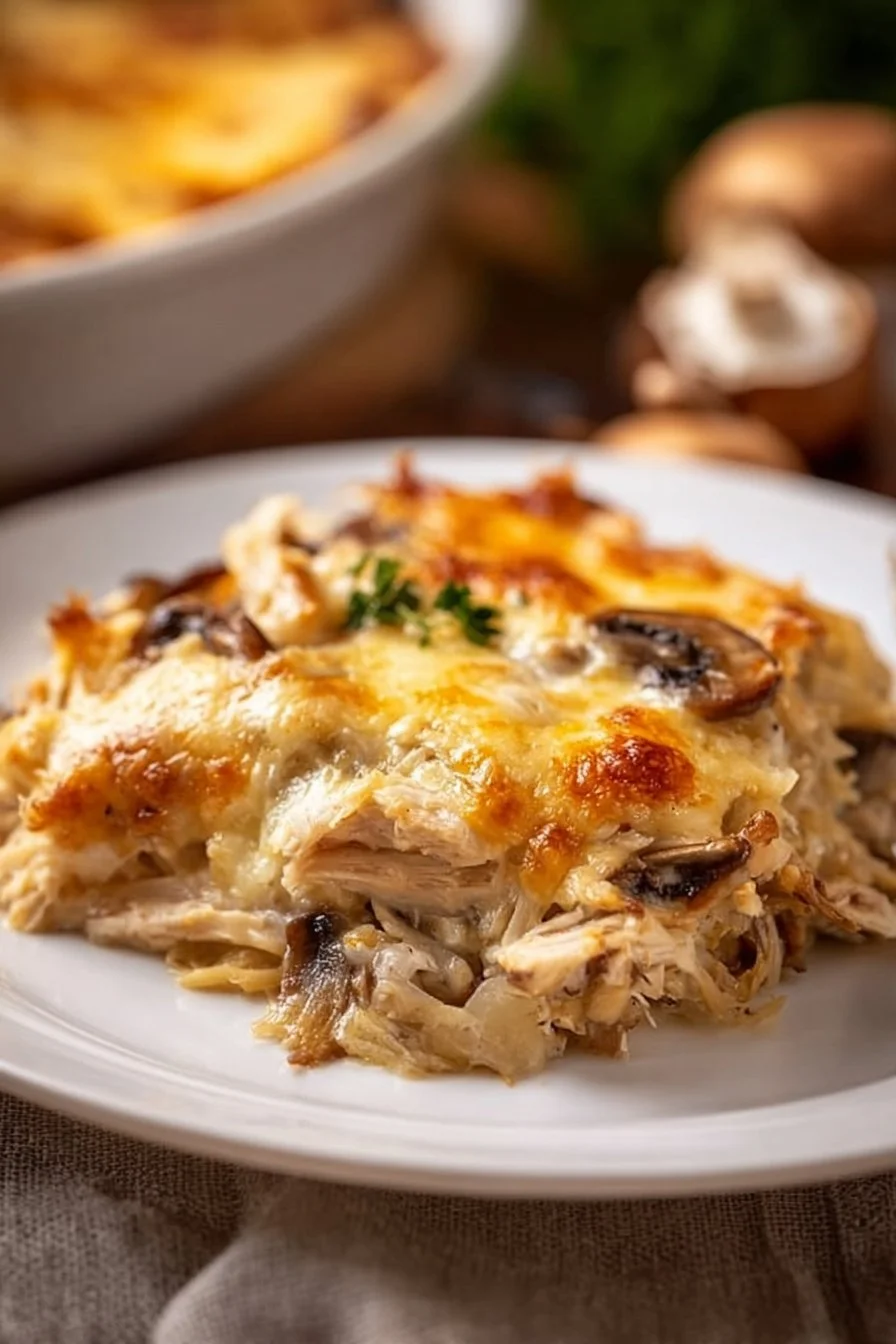 Keto Chicken Mushroom Casserole dish topped with cheese and herbs