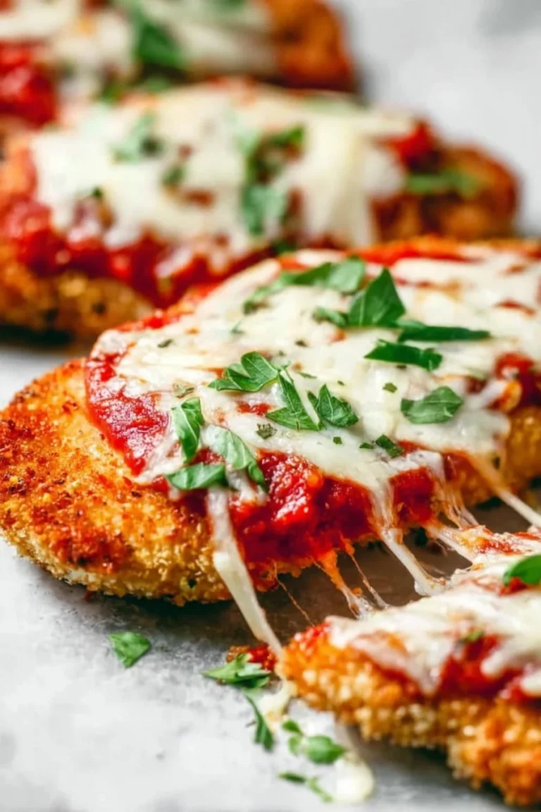 Delicious Keto Chicken Parmesan topped with melted cheese and herbs