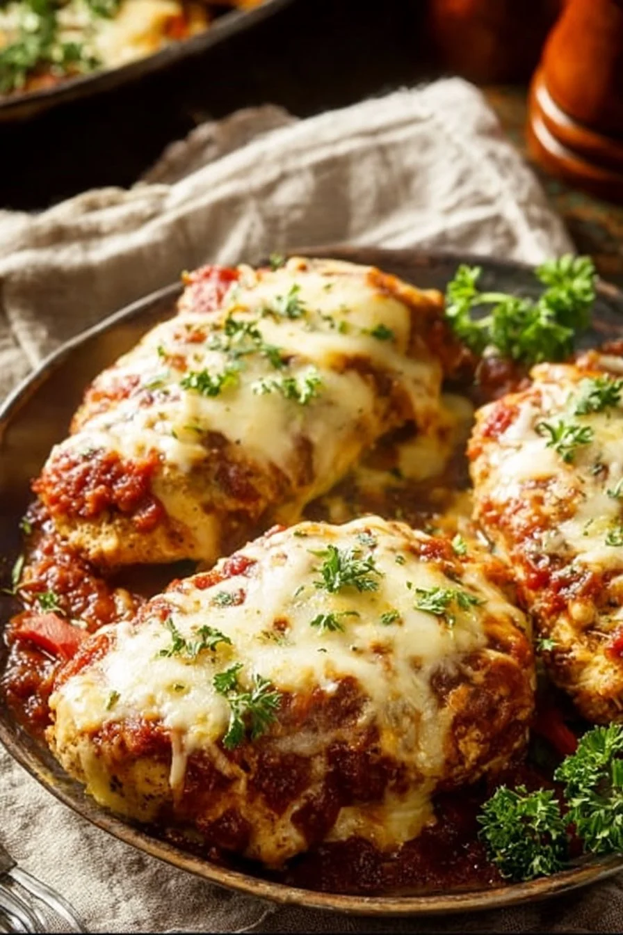 Keto Chicken Parmesan served with a side salad on a white plate