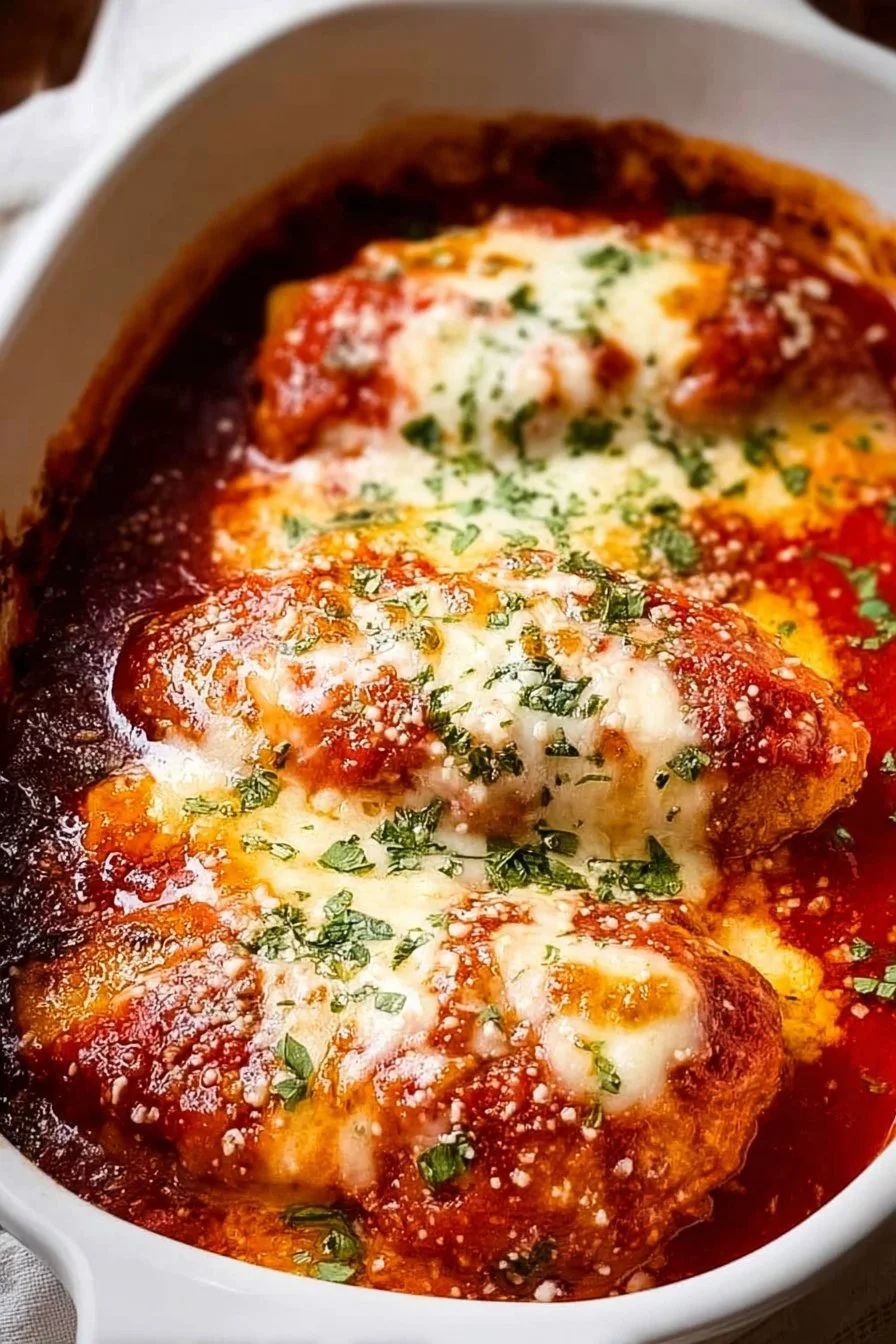 Delicious Keto Chicken Parmesan topped with melted cheese and herbs