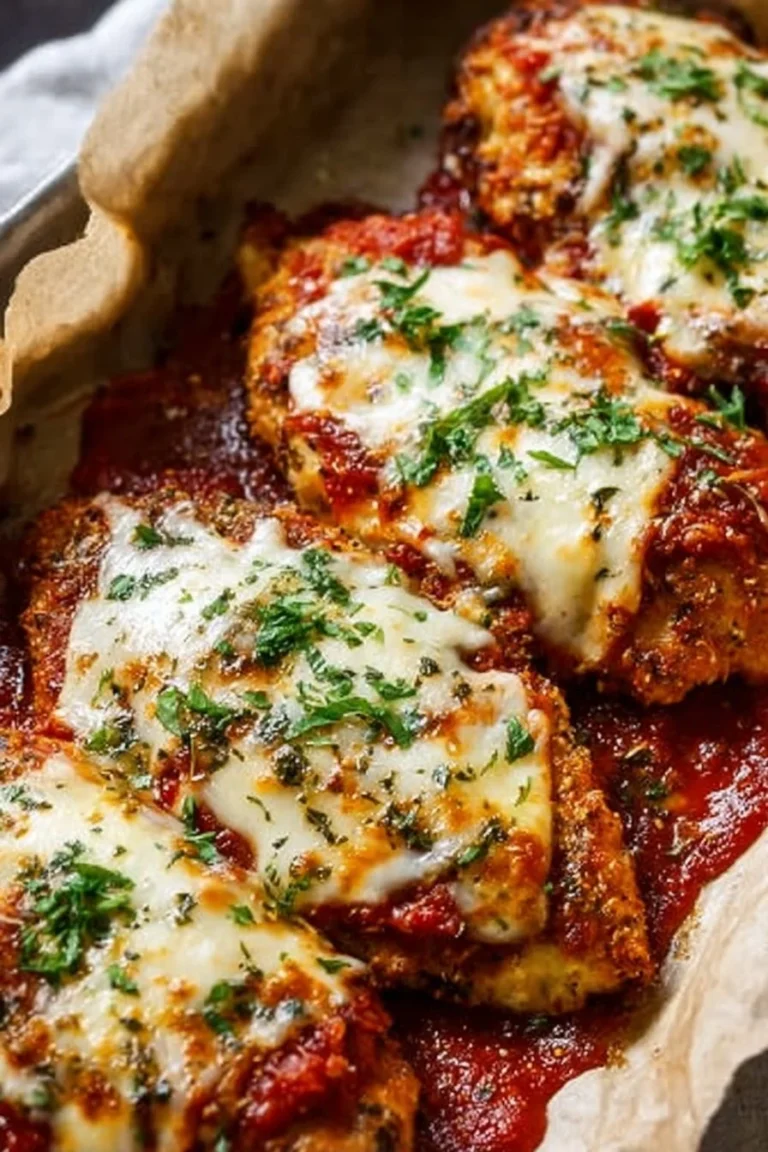 Keto Chicken Parmesan with melted cheese and herbs on a plate