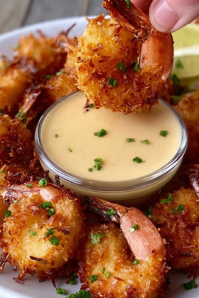 Plate of crispy Keto Coconut Shrimp with dipping sauce