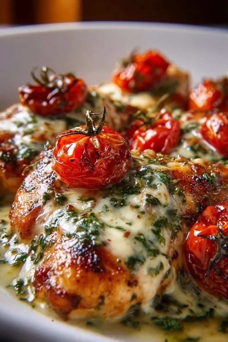 Delicious Keto Creamy Pesto Chicken served on a white plate with herbs.