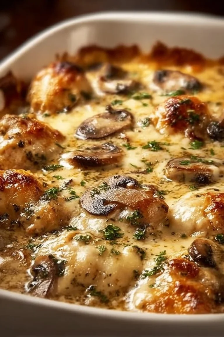 Keto Garlic Mushroom Chicken Casserole topped with herbs and melted cheese
