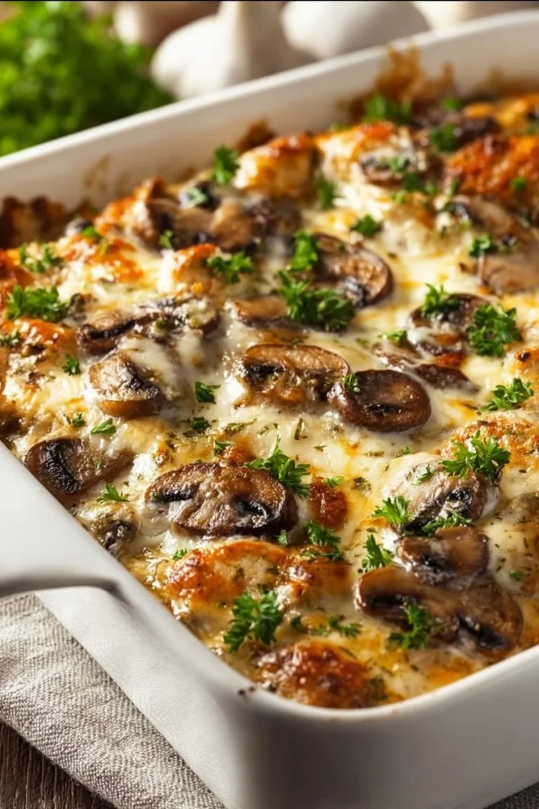 Keto Garlic Mushroom Chicken Casserole dish with creamy sauce and vegetables