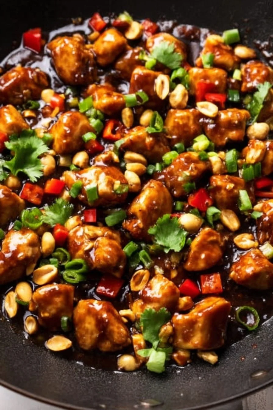 Bowl of Keto Kung Pao Chicken with colorful vegetables and peanuts
