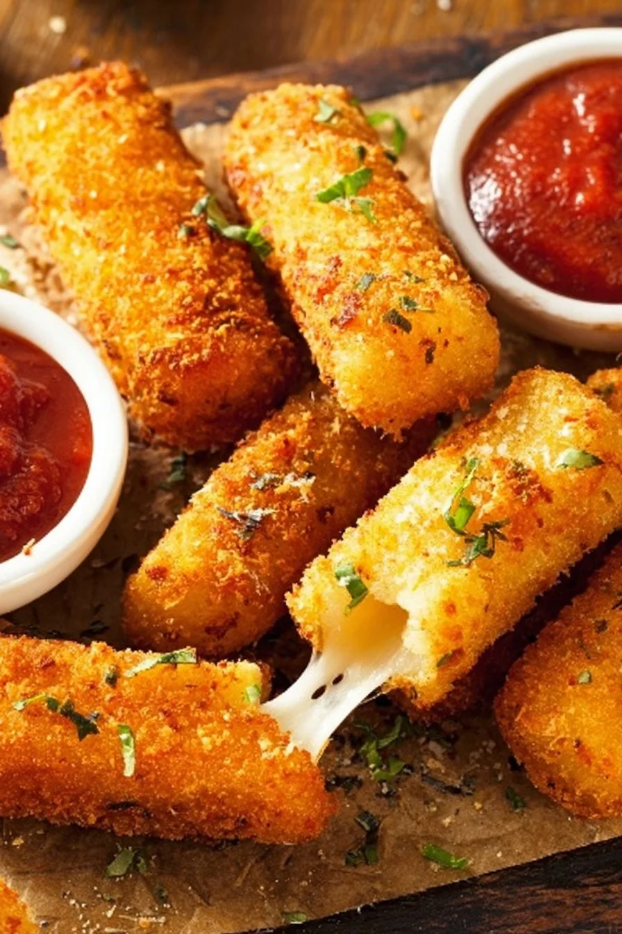 Plate of crispy Keto Mozzarella Sticks served with marinara sauce