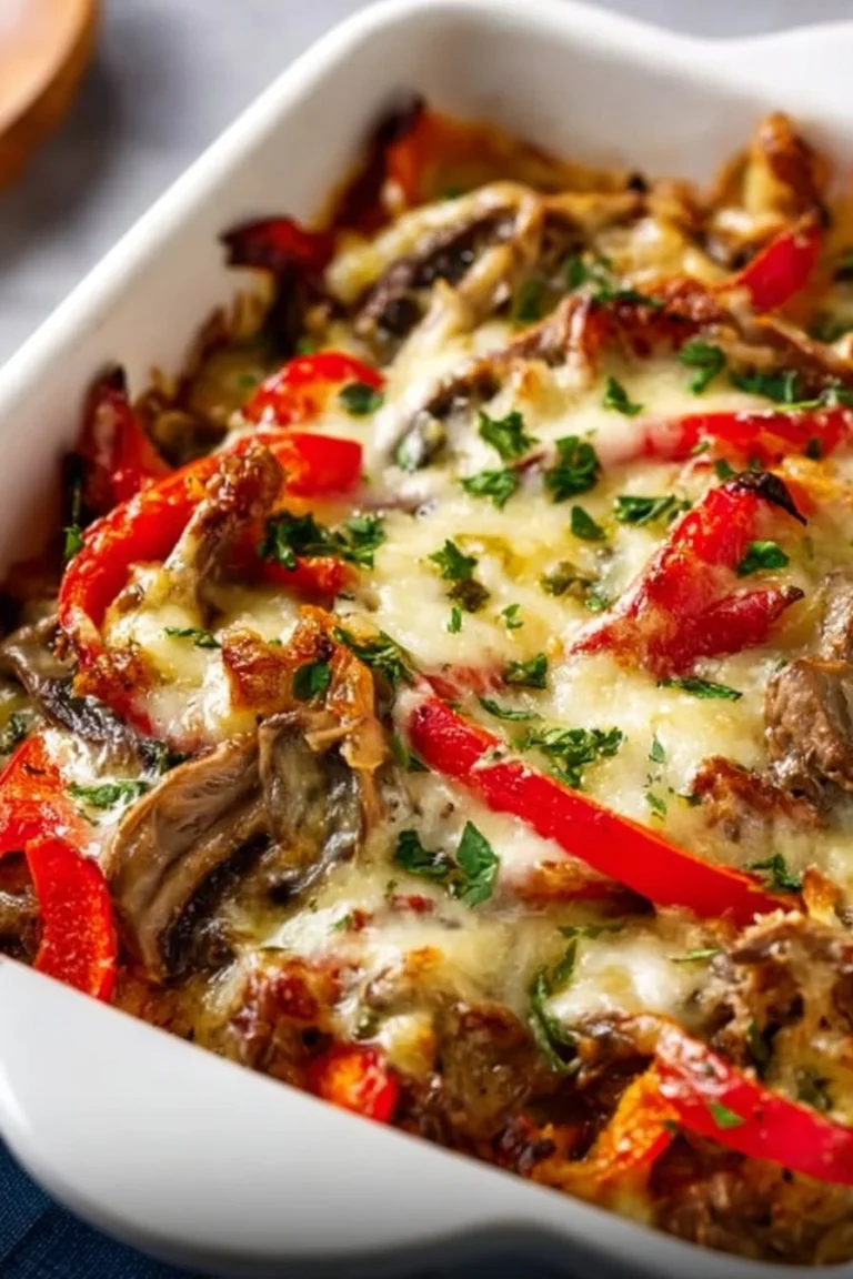 Keto Philly Cheesesteak Casserole topped with melted cheese and fresh parsley