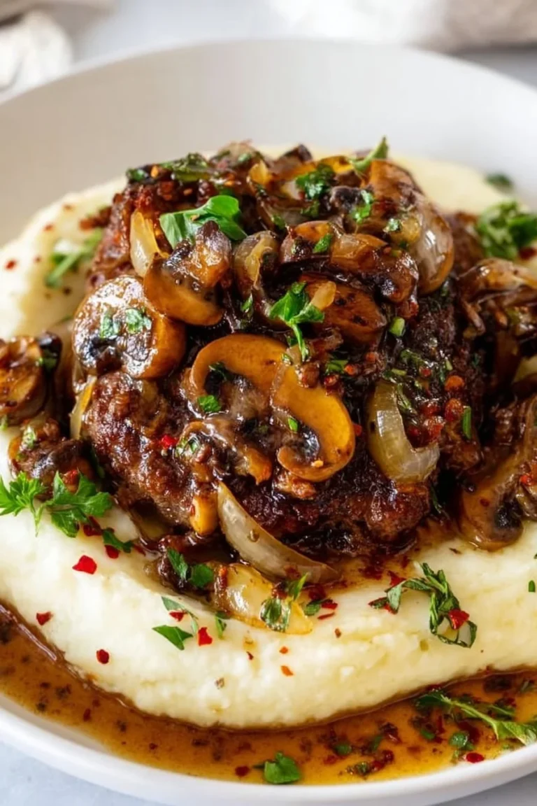 Delicious Keto Salisbury Steak served with creamy mushroom gravy